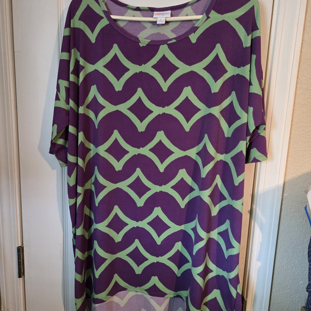 LuLaRoe Purple Tunic with Green Geometric Print